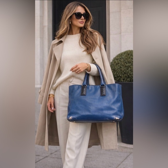 Bottega Veneta Blue Textured Leather Tote Bag Large Shopper Italy Authentic